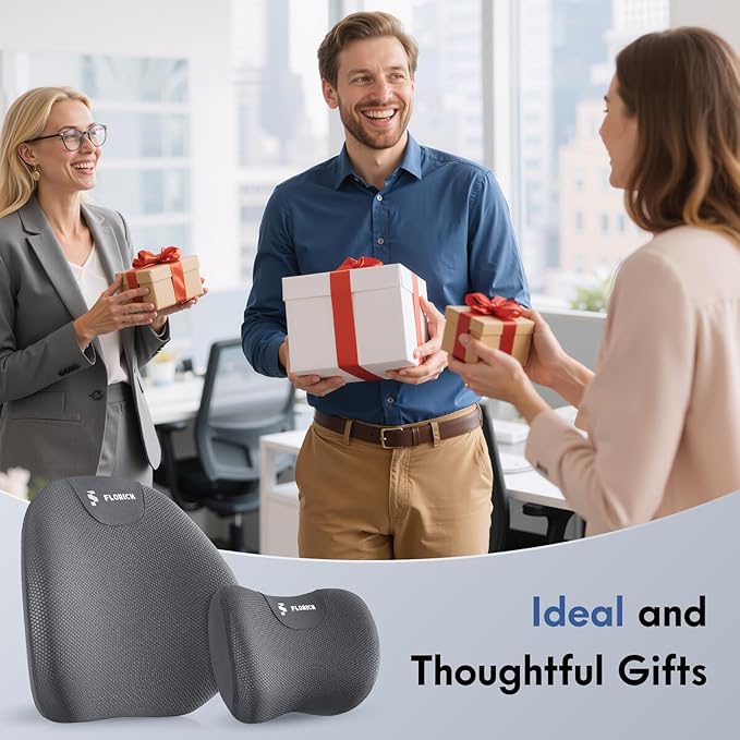 FLORICH Lumbar Support Pillow and Neck Pillow for Office Chair Car, Ergonomic Memory Foam Back Support for Office Gaming Chair Driving Seat Wheelchair, Relieves Neck, Back & Sciatica Pain – Grey