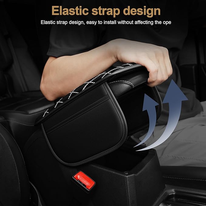 YORKNEIC Bling Car Center Console Cover Fit for Ford Edge: Middle Armrest Cover with Crystal Rhinestones, Diamond Automotive Interior Car Arm Rest Cover Pad Protector(Black&Silver Diamond)