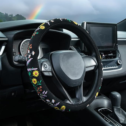 Embroidered Sunflower Lavender Cute Black Steering Wheel Cover, Auto Anti-Slip Breathable Steering Wheel Protector, Butterfly Floral Car Accessories for Women,Universal Size Fit Most Cars -15 inch