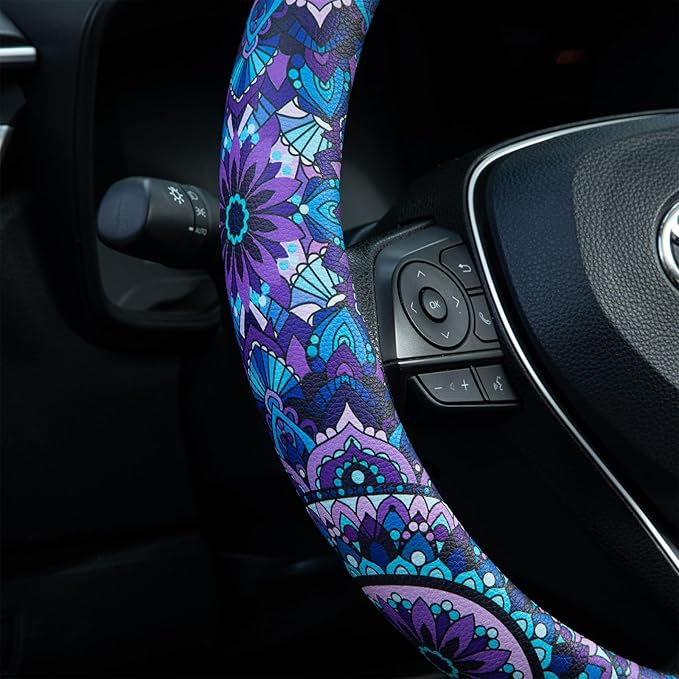 Purple Lotus Mandala Steering Wheel Cover Auto Jacquard Steering Wheel Protector, Anti-Slip, Breathable, Absorbing Sweat, Universal Car Accessories 14.5–15 inch,Fit for Most Car, Trucks, SUV