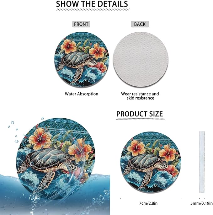 Boho Sea Turtle Car Accessories for Men Women Cute Steering Wheel Cover Flower Cup Coaster Handbrake Cover Fit Vehicles,Sedans, SUVs,Vans,Trucks 6 PCS