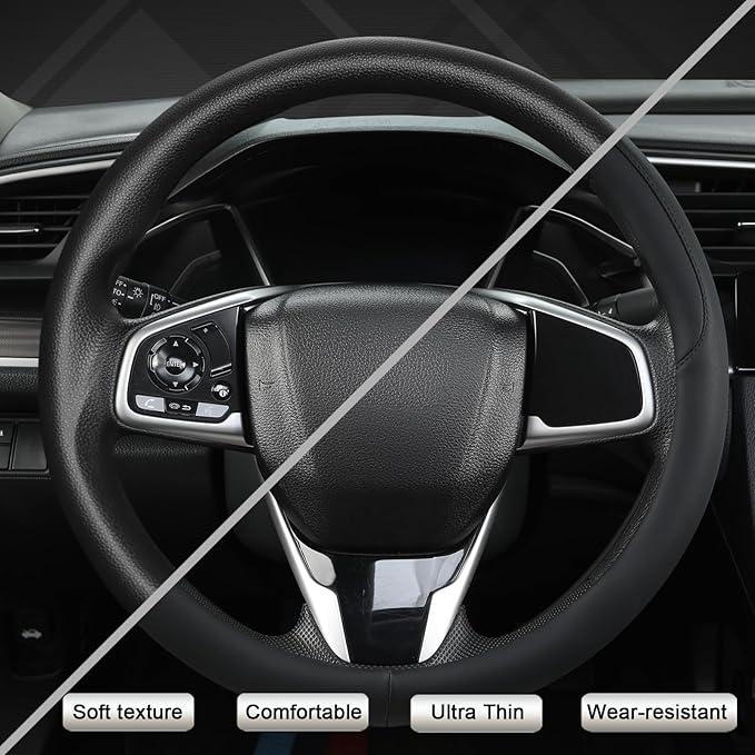 West Llama Thin Car Steering Wheel Cover, Universal 14.5-15 inch Nappa Leather Steering Wheel Cover, Ultra Thin, Anti-Slip, Breathable(Black-Standard Size)