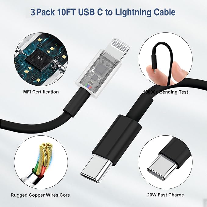i Phone Charger Fast Charging 10 FT, 3-Pack 20W PD USB C Charger Block with i Phone 14 13 Charger Cable 10 Foot, Compatible with iPhone 14 Pro 13Pro Max 12 11Pro Mini - Black