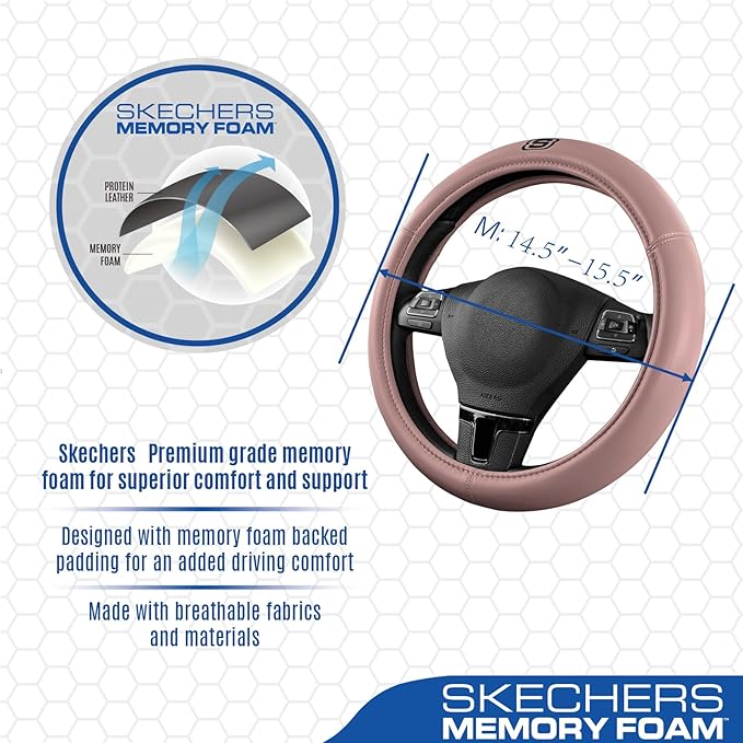 Skechers Memory Foam Pink Steering Wheel Cover,Grade Protein Leather Steering Wheel Cover,Universal Fit 14" 1/2-15" Car Wheel Cover for Women Stylish Decor Gifts Fit Suvs,Vans,Sedans,Car,Trucks,Pink