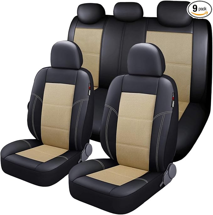 P&J AUTO Leather and Mesh Car Seat Cover Full Set in 9pcs Universal Fit for Cars Trucks Vans & SUVs Airbag Compatible (Beige)