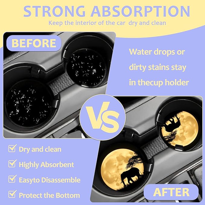 2 Pack Car Cup Holder Coaster-Elephant Full Moon Absorbent Ceramic Coaster, Car Coasters for Cup Holders,Auto Accessories for Women & Men
