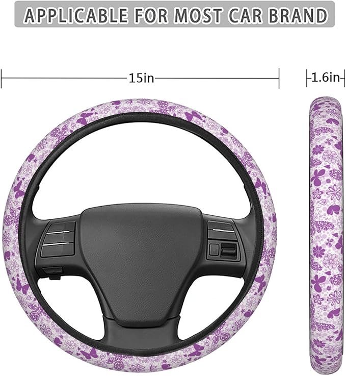 Dujiea Hearts and Butterflies Elastic Stretch Steering Wheel Cover, Anti-Slip and Durable Car Steering Wheel Accessories for Women Men, 15 Inch Universal Fit Car, Truck, SUV