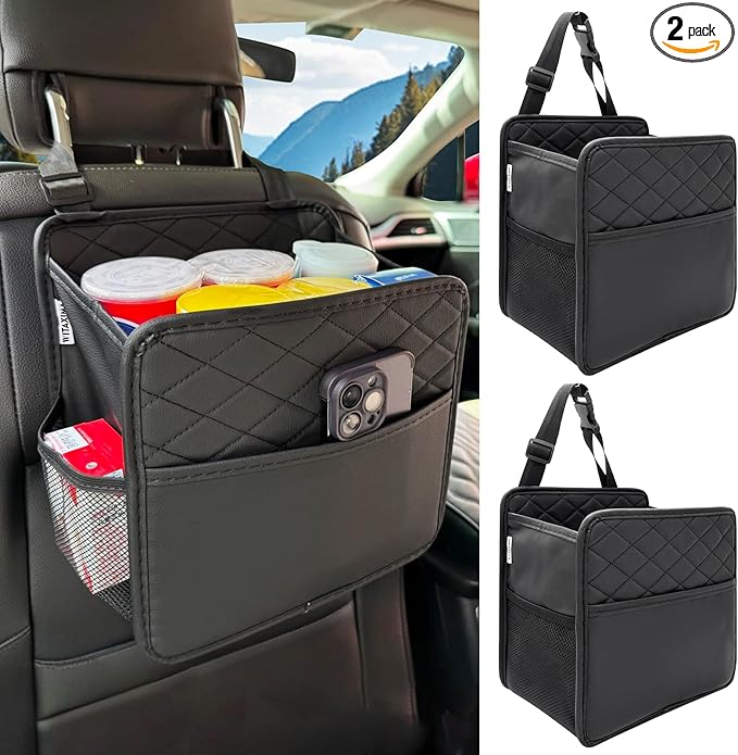 2 Pack Upgraded Car Seat Organizer Backseat with Storage Pockets, Multipurpose Car Organizer Hanging Car Trash Bag Premium PU Leather Garbage Can 2.14 Gallon Large Capacity Accessories Black