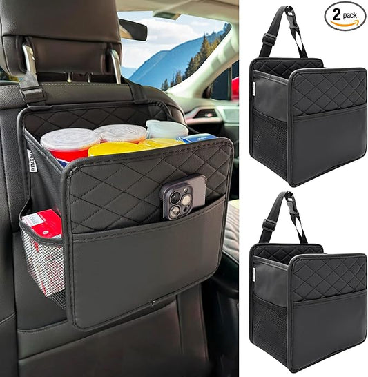 2 Pack Upgraded Car Seat Organizer Backseat with Storage Pockets, Multipurpose Car Organizer Hanging Car Trash Bag Premium PU Leather Garbage Can 2.14 Gallon Large Capacity Accessories Black