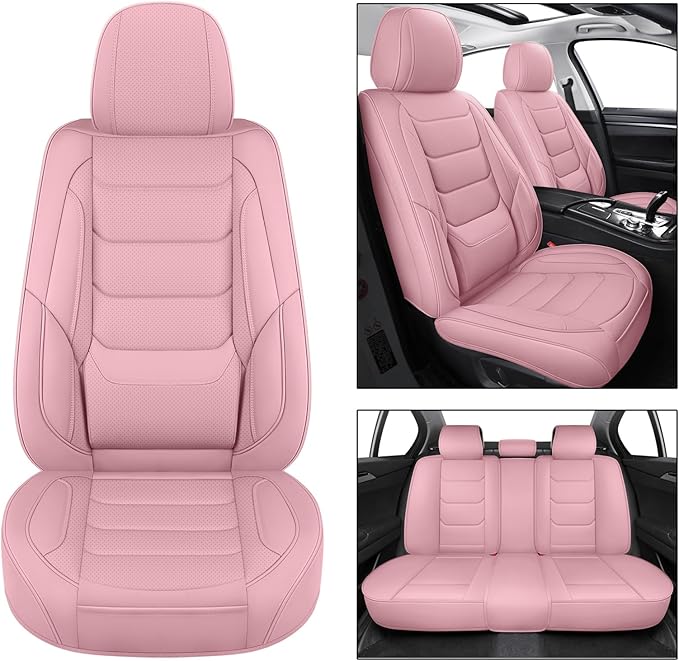 Leather Car Seat Covers Full Set Breathable Automotive Seat Covers Waterproof Seat Protectors Universal Fit for Most Automotive Cars SUV Trucks(Pink, Full Set)