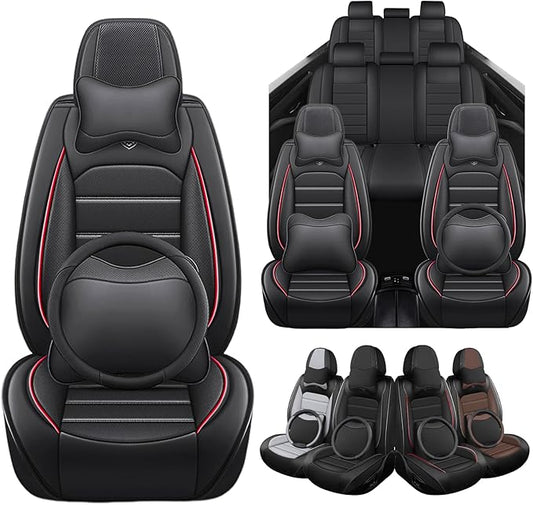 Seat Covers Fit for Acura MDX 2001-2025, 7 Seat, Compatible Airbag Non-Slip Waterproof Leather Seat Cover, Luxury Interior Full Set with Pillow Steering Wheel Covers, Black Red