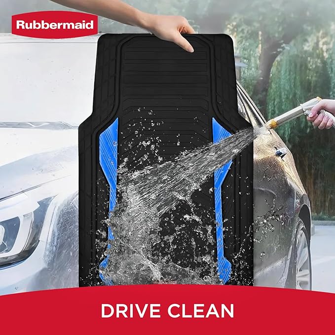 Rubbermaid Car Floor Mat, Heavy Duty All-Weather Car Mats Full Set with Dual-Tone Blue Aluminum Inserts – Universal Fit, Anti-Slip Backing, Trim-to-Fit for Most SUV, Sedan, Van