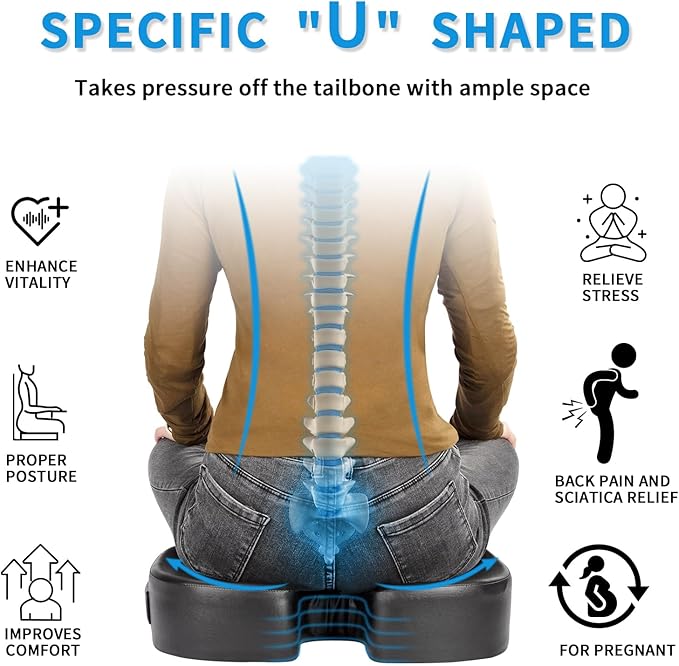 Luxury Seat Cushion, 3 Inch Thick Memory Foam for Pressure Relief, Sciatica, Tailbone Pain & Back Pain Relief, Multi-Use for Bleachers, Car, Gaming, Office Chair