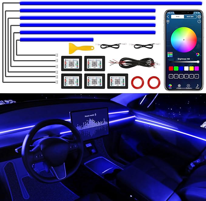 Acrylic Interior Car LED Strip Light with Wireless APP, Car Accessories 6 in 1 with 175 inches 593 LEDs Fiber Optic Ambient Lighting Kits, RGB Dynamic Music Sync Neon LED Strip Light for Car