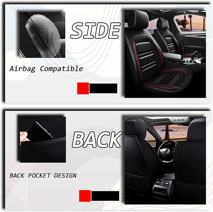 Seat Covers for Dodge ram 3500 2004-2011 | 5-Seats Leather Seat Covers, Easy to Install Automotive Seat Covers Full Set (Full Set, Black&Red Line)