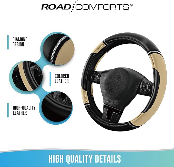 Road Comforts Leather Steering Wheel Cover - Made with PVC Leather - Anti-Slip, Universal Fit 14 1/2 inches to 15 inches - Beige