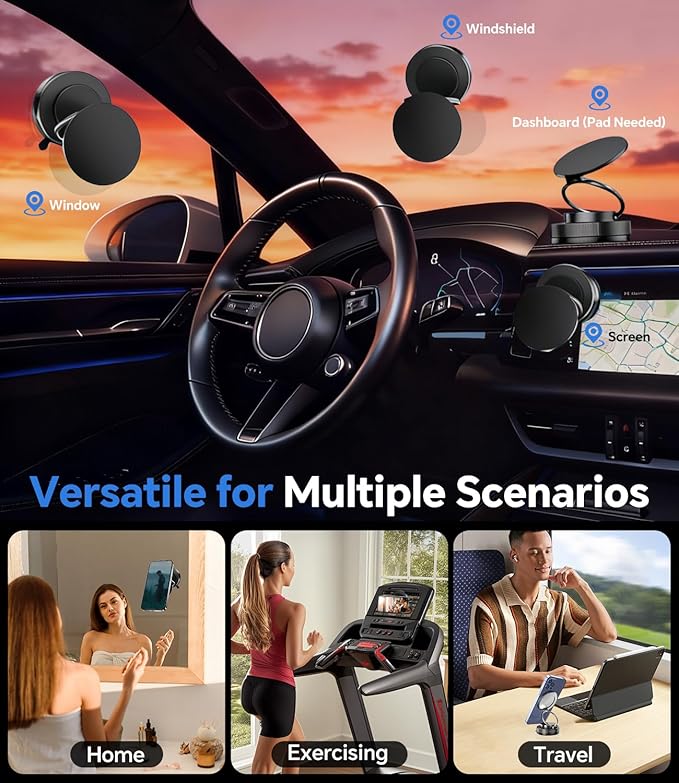 Upgraded MagSafe Vacuum Car Phone Holder, Strong Magnetic Phone Mount with Adjustable & Reinforced Suction Cup Design for Dashboard/Gym/Mirror, Compatible with iPhone & Android