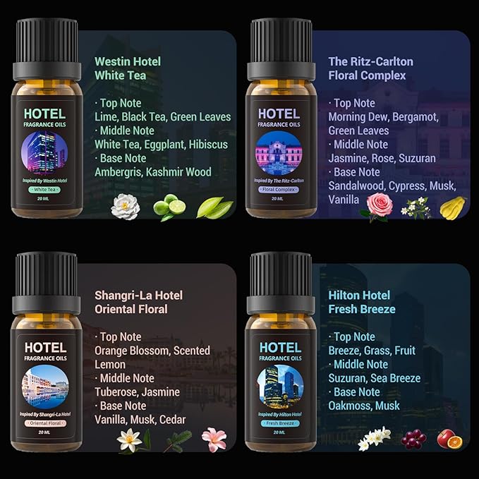 Waterless Essential Oil Diffuser with 4 * 20mL Hotel Scent Fragrance Oil, Battery Operated Mini Scent Air Machine Portable Diffuser for Home Car Office