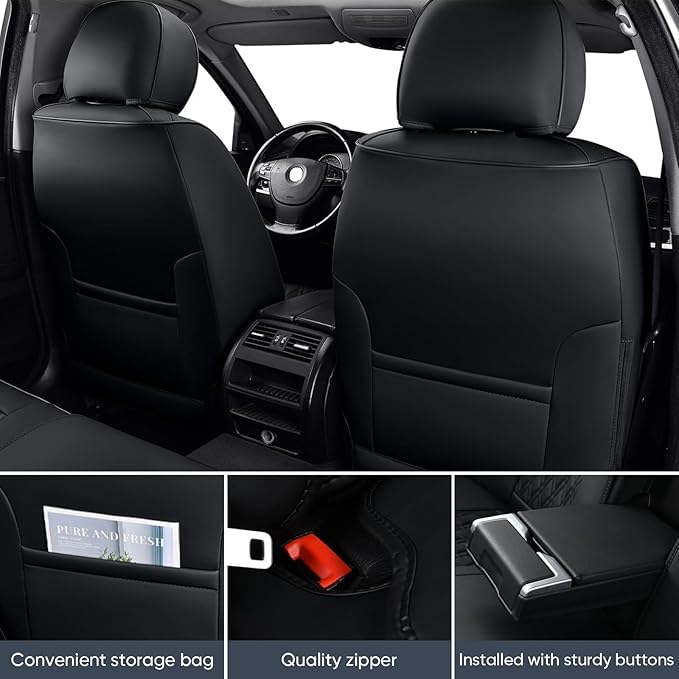 Auto Car Seat Covers Accessories Full Set Leather Cushion Protector Breathable Waterproof Seat Cover for Cars Universal Fit (Black, Front Pair and Rear)