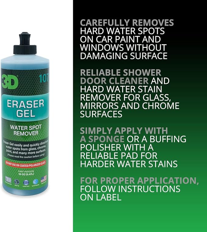 3D Eraser Gel Water Spot Remover – Acidic Gel Formula for Hard Water Spots & Mineral Deposits – Safe for Paint, Glass, Chrome, Plastic & Metal - 16 oz