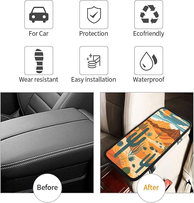Universal Car Center Console Cushion Pad, Desert Cactus Soft Waterproof Car Center Console Cover Auto Armrest Seat Box Cover Protector for Most Vehicle SUV Truck Car