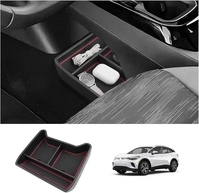 LUWU 2025 VW ID4 Lower Center Console Tray Storage Box for 2021 2022 2023 2024 2025 VW ID.4 Accessories 2025 ID 4 Armrest Console Organizer ABS Material Red-Trim