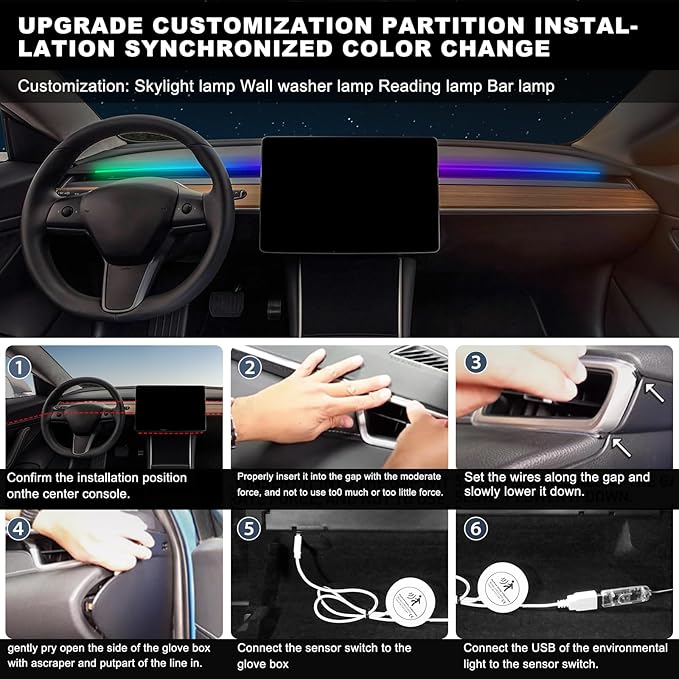 Dreamcolor Acrylic Interior Car LED Strip Light with 60S Motion Sensor Switch &USB Hub, 55.1 inches Neon LED Strip Light, RGB Colors Ambient Lighting Kits