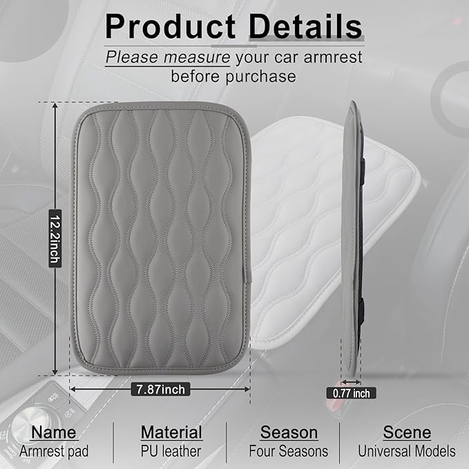 Amiss Auto Center Console Pad, Universal Waterproof Armrest Seat Box Cover, Leather Auto Armrest Cover Protector for Most Vehicles, SUV, Truck, Car (Gray)
