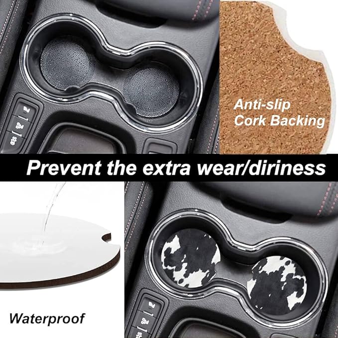 White Black Cow Print Absorbent Cup Holders Car Coasters,Ceramic Stone Drinks Coaster Set for Women Man 2.56"(2 Pack)
