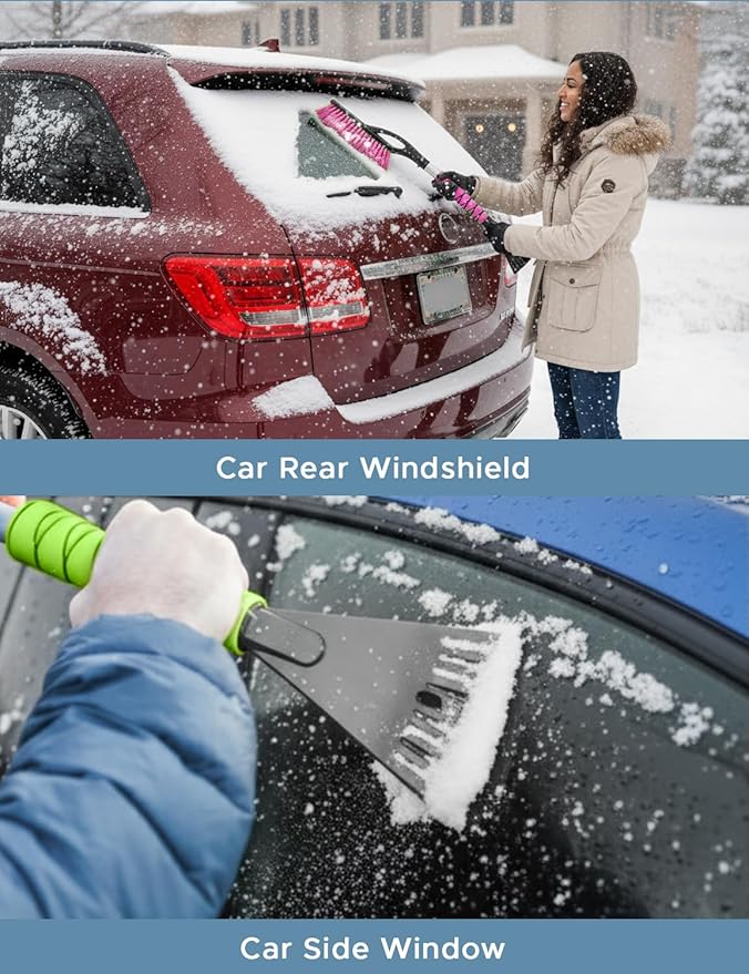 27" Car Snow Brush and Ice Scrapers for Car Windshield (2 Pack), Window Scraper with Ergonomic Foam Grip, Snow Removal for Car, Must Have Winter Car Accessories (Green and Pink)