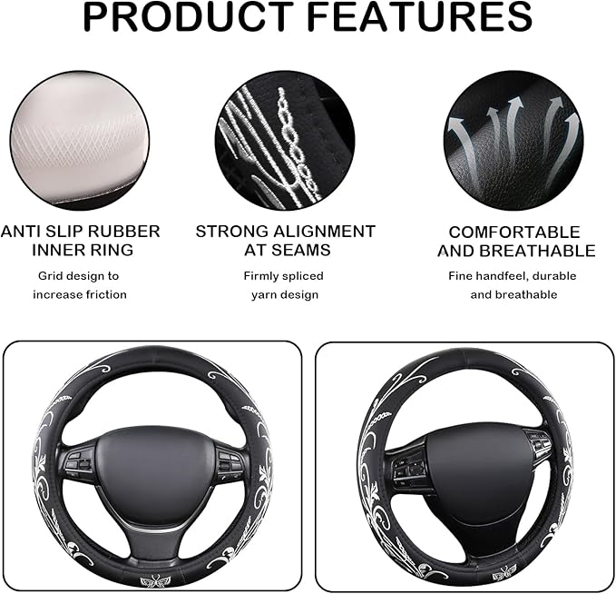 White Embroidery Butterfly Car Steering Wheel Cover,14.5-15 Inch Universal Leather Covers Breathable Anti-Slip Odorless Steering Wheels Accessories for Men Women