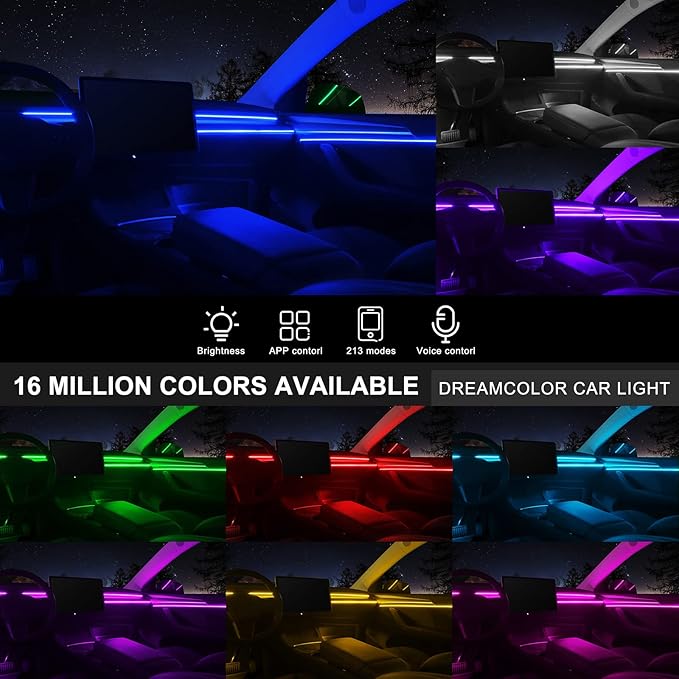 Acrylic Interior Car LED Strip Light with Wireless APP, RGB 14 in 1 with 175 inches 593 LEDs Fiber Optic Ambient Lighting Kits, 16 Million Colors Sound Active Function Car Neon Lights