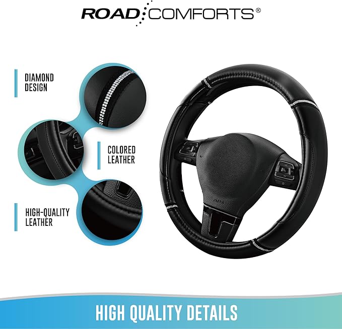 Road Comforts Leather Steering Wheel Cover - Made with PVC Leather - Anti-Slip, Universal Fit 14 1/2 inches to 15 inches - Black