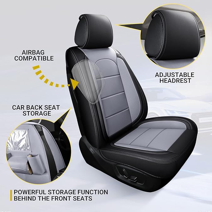 AOOG Leather Car Seat Covers with Car Backseat Organizer, Universal fit Automotive Vehicle Most Sedan SUV Pick-up Truck (Full Set, Black&Grey)