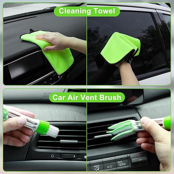 Viewsun Green Windshield Cleaner Tool, 17Pcs Car Interior Cleaning Kit, Detailing Kit Interior Cleaner, Car Detailing Brushes, Cleaning Gel, Inside Cleaning Accessories for Trucks, SUVs, RVs Window