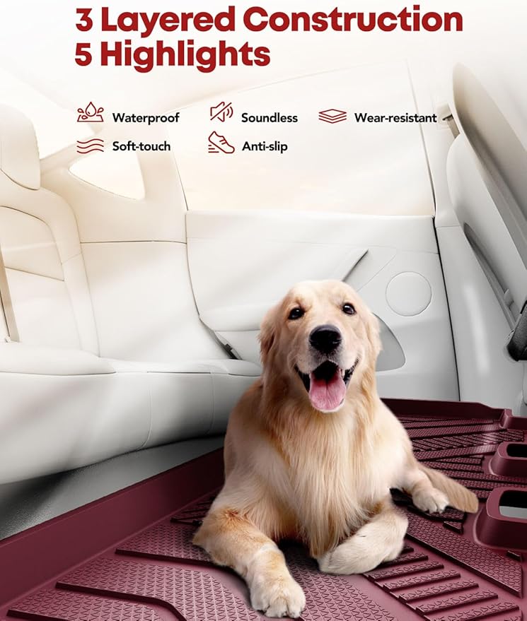 YHTAUTO Custom Fit Red Car Floor Mats for Tesla Model Y 2025-2020 5 Seater, All Weather TPE Car Mats Carpet, Front Rear Trunk Cargo Storage Liner Mats, Anti-Slip Waterproof, Set of 6