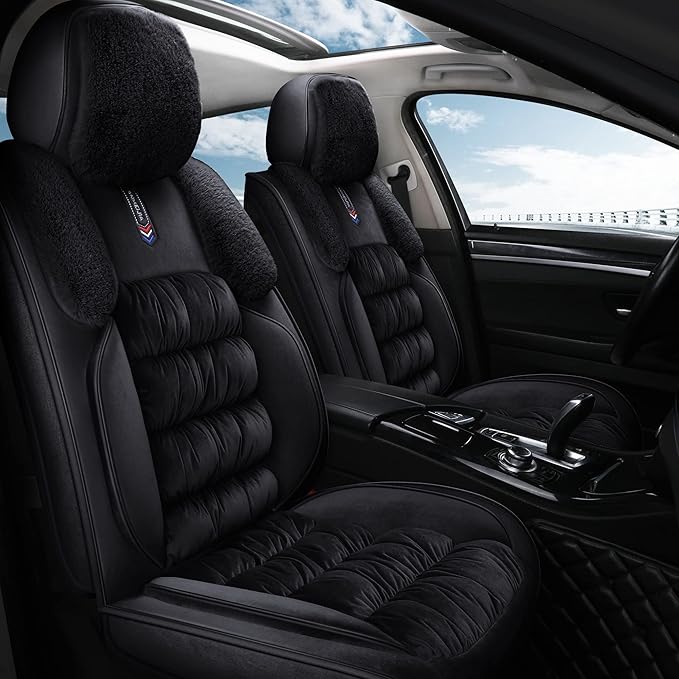 AOOG Fuzzy Leather Car Seat Covers, Heated Front Bench Back Cushion Protector for Cars SUV Trucks (Front Seat, Black)