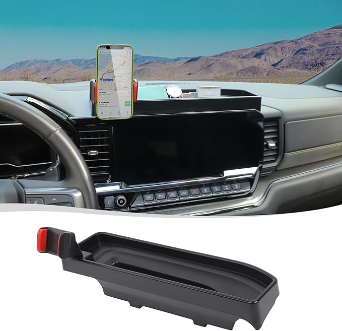 Voodonala for Chevy Silverado ZR2 Center Console Dash Storage Tray with Phone Holder Compatible with 2022-2025 Chevy Silverado ZR2 1500/ 2500HD/ 3500HD(Updated Screw Fixing)