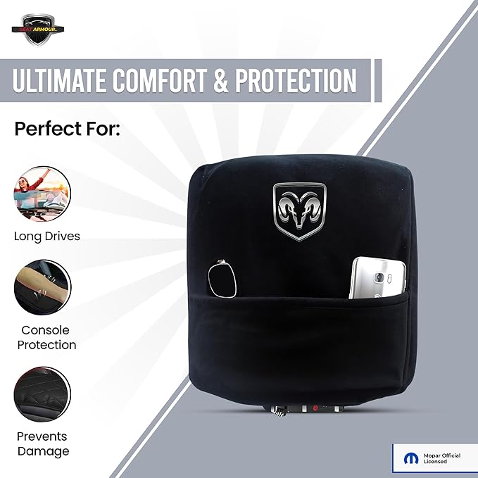 Premium Console Armrest Cover for Ram (2014-2020 Bucket Seat Models) – Soft, Machine Washable Console Lid Protector – Easy to Install, Plush & Durable – Black