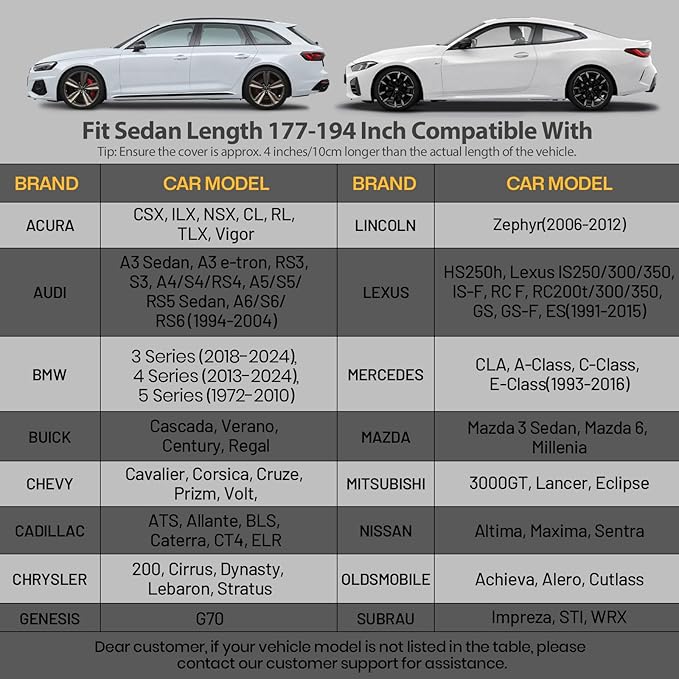 Favoto Sedan Car Cover Waterproof All Weather for Automobiles 6 Layers Heavy Duty Outdoor Rain Sun Snow Protection with Zipper Inner Cotton Universal Fit for Sedan (177-194 inch)