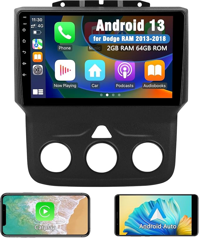for Dodge RAM 1500 2500 3500 Car Stereo Radio, Android 13 2G+64G Head Unit with Wireless Carplay/Android Auto for 2013 2014 2015 2016 2017 2018 Ram, 9 inch IPS Touch Screen Bluetooth WiFi SWC GPS Navi