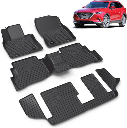 All Weather Car Floor Mats Fit for Mazda CX-9 7 Seater 2016-2023 Automotive Floor Liners CX9 Front& Rear& 3rd Row Accessories Black