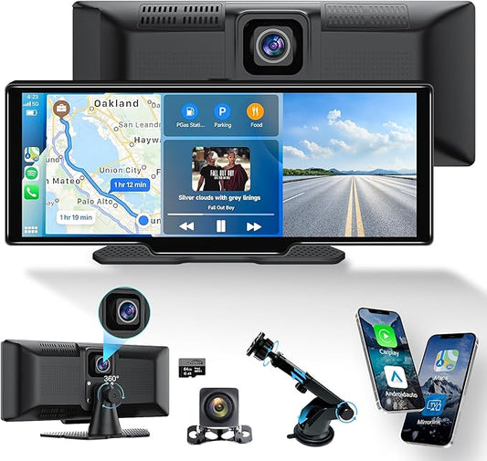 KLZHP001 Carplay Screen for Car, 10.26'' HD IPS Apple Carplay & Android Auto Screen, 4K Dash Cam, 1080P Rear Camera, Wireless Car Play Screen, Car Audio Receivers,GPS Navigation,Mirror Link,FM,Siri