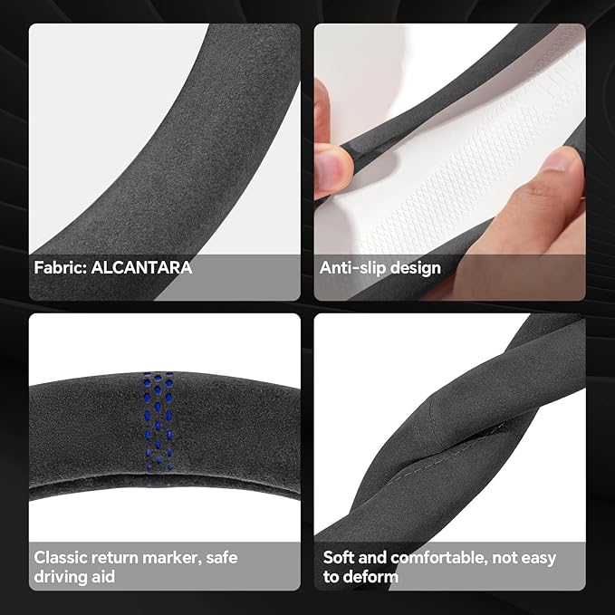 Alcantara Sports Steering Wheel Cover 14.5" to 15" Fit - Anti-Slip Comfort Grip, Durable Soft Suede-Feel Luxury Material for Men Drivers | Fits Sports Cars, Luxury Cars, Sedans, SUVs and EV
