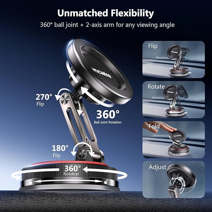 SYNCWIRE for MagSafe Car Mount [2-Axis Design] Nano Adhesive Gel + Suction Cup Magnetic Phone Holder for Dashboard & Windshield, 360° Adjustable for iPhone 17 16 15 14 13 12 11, Samsung, Matte Black