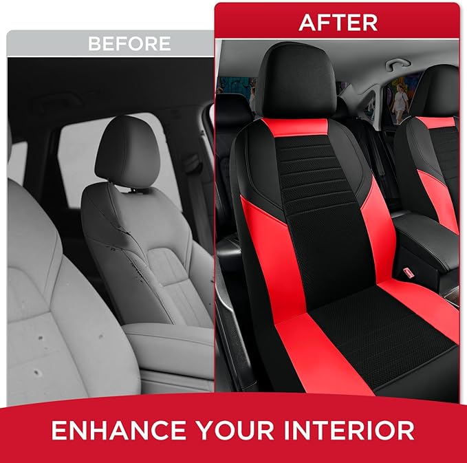 Rubbermaid Car Seat Cover, Leather & Air-Cool Mesh Front Seat Cover, Airbag Compatible, Slip-On Installation, Automotive Seat Cover Universal Fit for Most Cars, Trucks, SUVs-Red