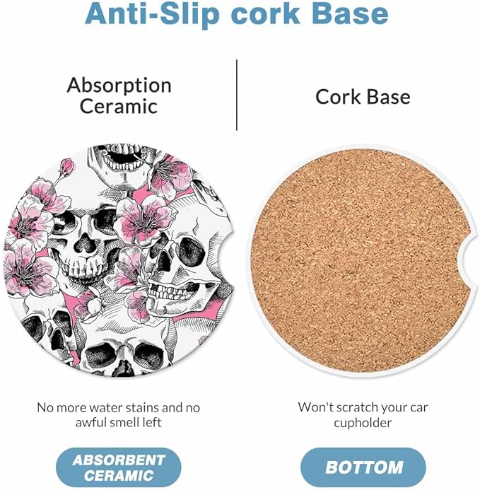 Skull and Flowers Car Cup Holder Coaster 2 Pack Absorbent Ceramic Car Coasters for Cup Holders Car Accessories Interior for Women Men Universal Anti Slip Cork Base Cup Coasters with Finger Notch