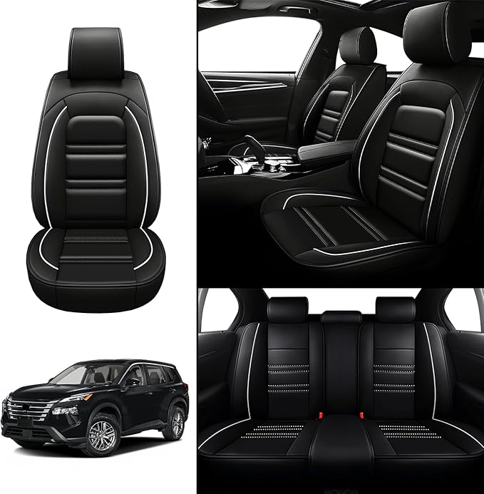 Seat Covers for Nissan Car Rogue 2008-2025 | 5-Seats Leather Seat Covers, Easy to Install Automotive Seat Covers Full Set (Full Set, Black&White Line)