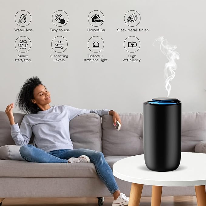 Waterless Diffuser for Essential Oil, Battery Operated Mini Fragrance Scent Air Machine, 3-Color Ambient Night Light, Aluminum, 0.51 Oz/15mL, 3 Countdown Timers & 3 Mist Levels for Home, Car, Titanium