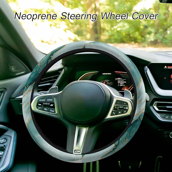 Green Marble Steering Wheel Covers Women Men Turquoise Marble Abstract Sea Wave Universal Steering Wheel Cover for Trucks Auto Vans Car Wheel Cover 15 Inch